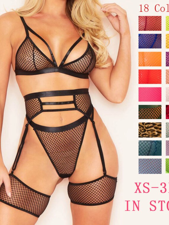 Color European and American cross-border Amazon female fishnet see-through lace sexy and interesting gathered three-piece set XS-3XL