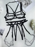 European and American erotic lingerie sexy metal chain hollow decoration three-piece lingerie set