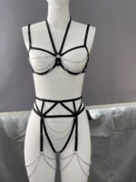 European and American erotic lingerie sexy metal chain hollow decoration three-piece lingerie set