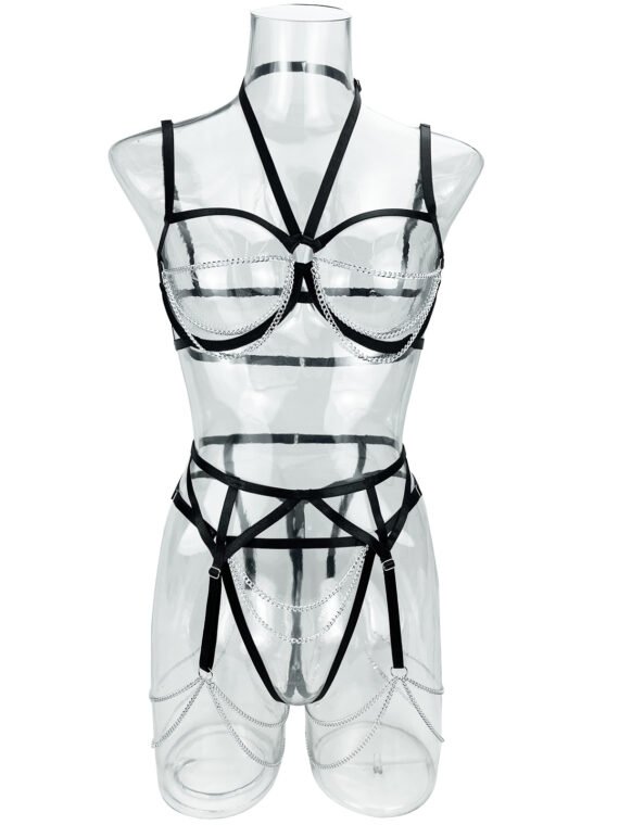 European and American erotic lingerie sexy metal chain hollow decoration three-piece lingerie set