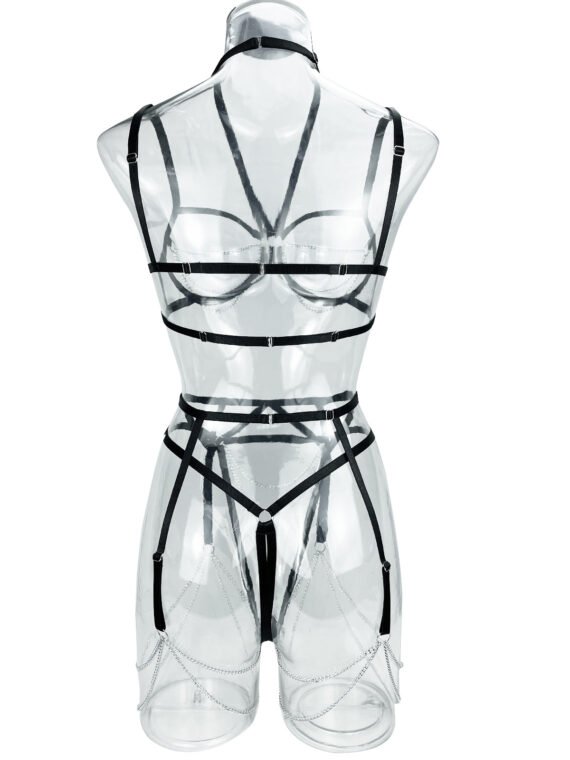 European and American erotic lingerie sexy metal chain hollow decoration three-piece lingerie set