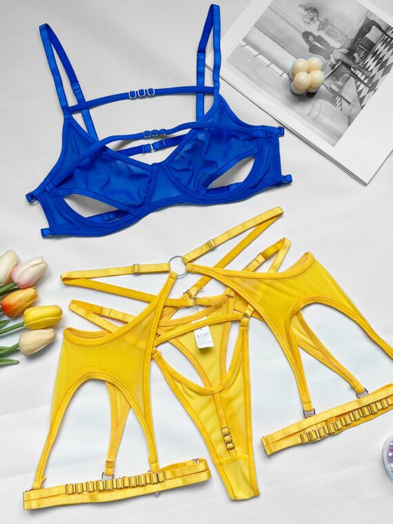 Foreign trade European and American summer hot-selling sexy lingerie sexy contrasting color mesh steel ring mesh see-through kit