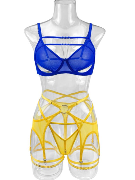 Foreign trade European and American summer hot-selling sexy lingerie sexy contrasting color mesh steel ring mesh see-through kit
